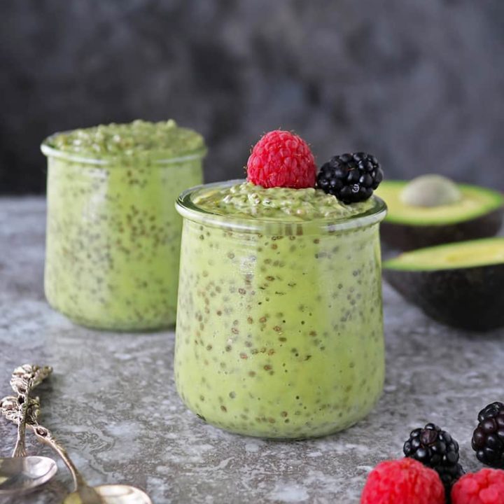 Two glass bowls with Easy Tasty dairy free avocado chia pudding