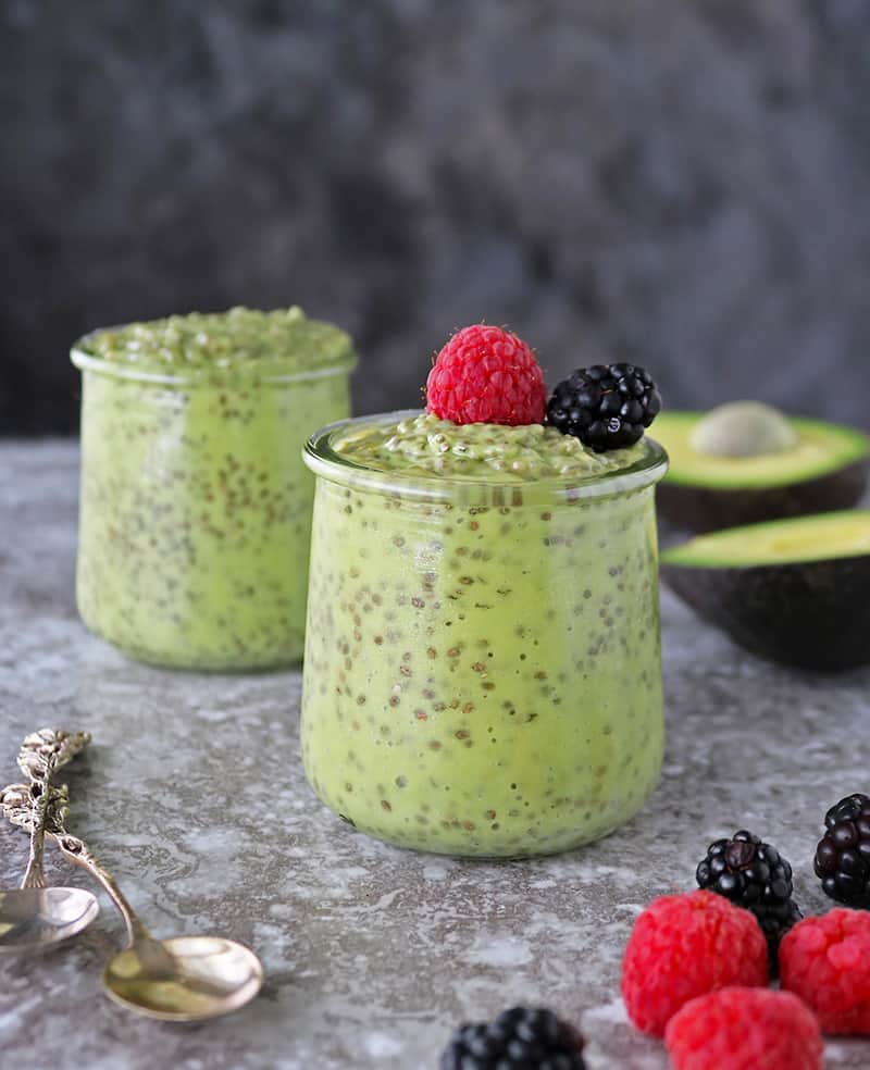 Two glass bowls with Easy Tasty dairy free avocado chia pudding
