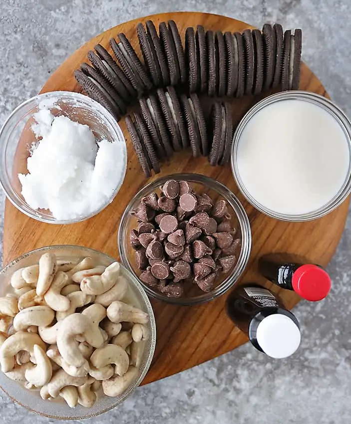 Overhead photo of ingredients to make easy no-bake chocolate cashew cake