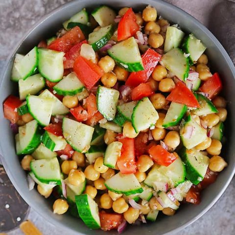 large bowl of plant-based easy chickpea salad.