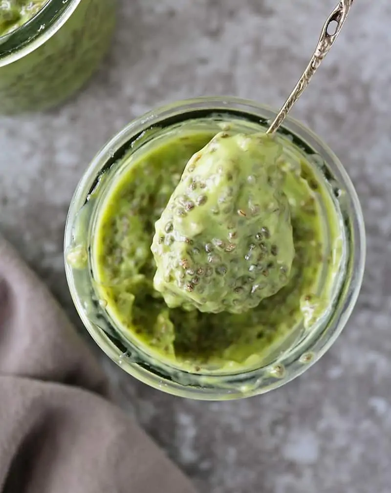 Overhead view of avocado chia pudding - plant-based, quick, tasty, and healthy.