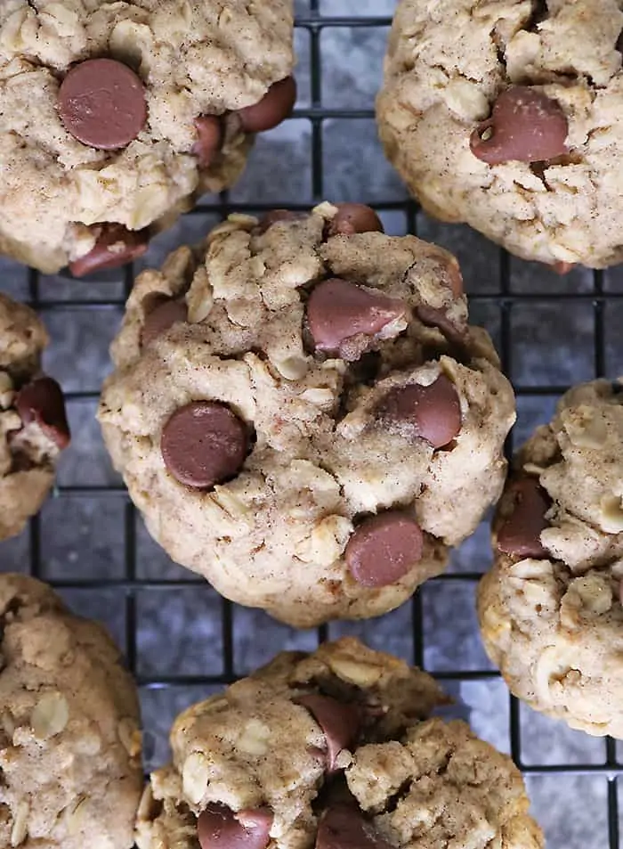 Batch of eggless oat chocolate chip cookies just out of the oven.