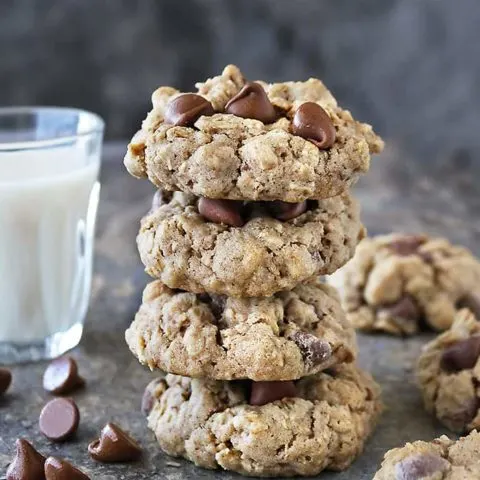 A stack of 4 of My favorite gluten-free oatmeal chocolate chip cookies.