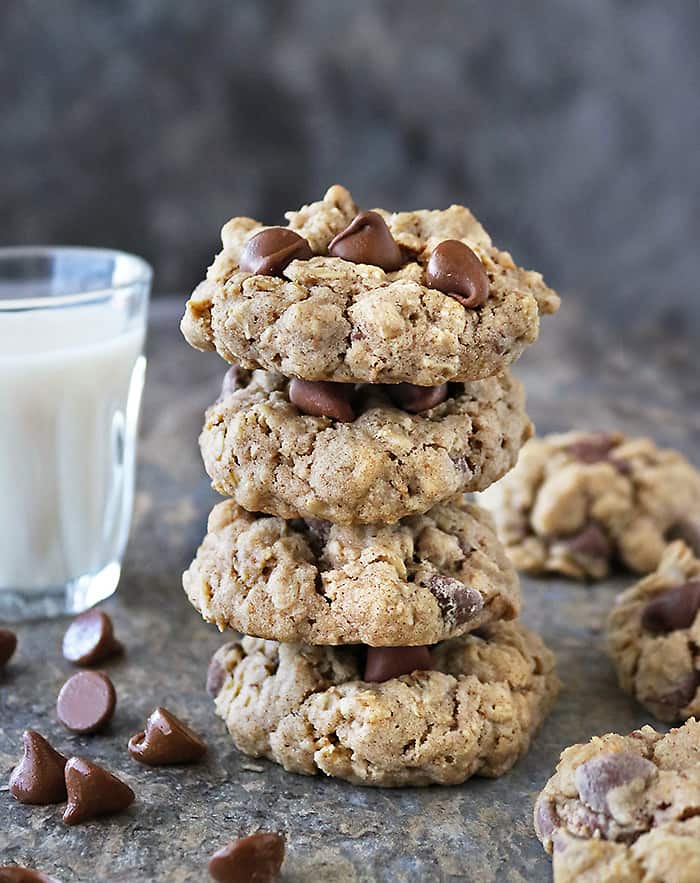 A stack of 4 of My favorite gluten-free oatmeal chocolate chip cookies.