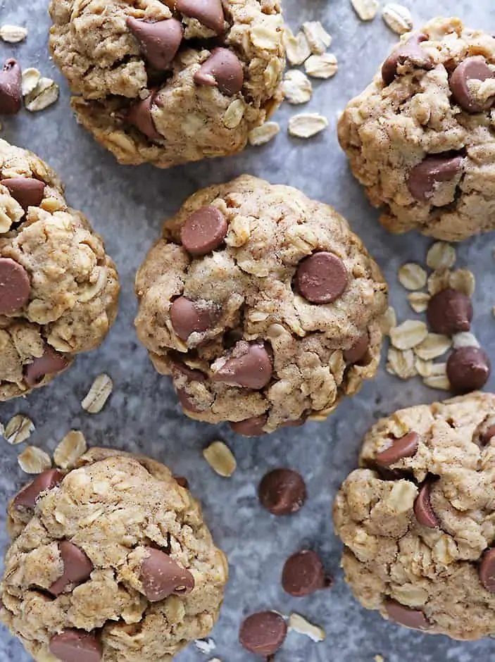 Small batch of oatmeal chocolate chip cookies made without eggs.