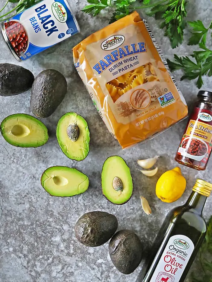 Avocados and Other Ingredients From Sprouts to make Avocado Sundried Tomato Pasta Salad