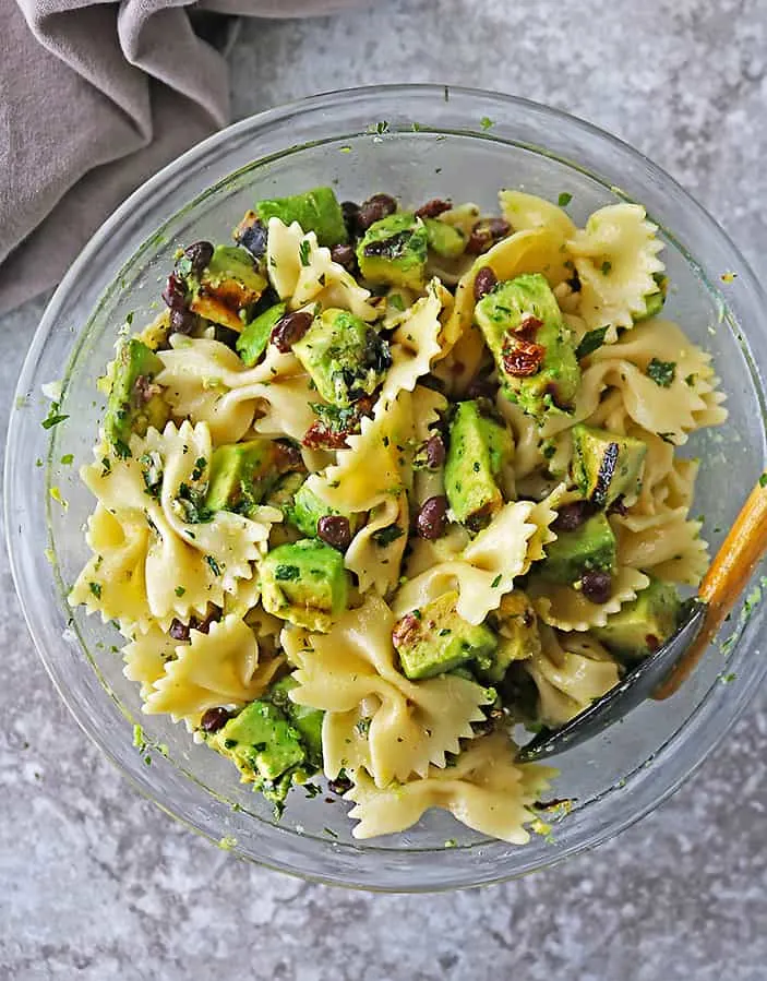 Overhead photo of tasty and flavorful nutritious dairy free pasta salad.