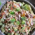 Crisp broccoli, fresh carrots, crunchy pecans, and sweet raisins are engulfed in a creamy cashew harissa dressing in this Easy Vegan Broccoli Salad. This plant-based recipe is a delicious side dish both vegans ad non-vegans are sure to enjoy.