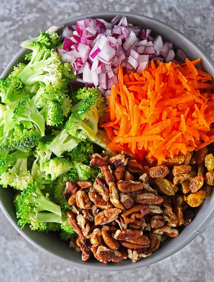 fresh real ingredients to make a healthy vegan broccoli salad