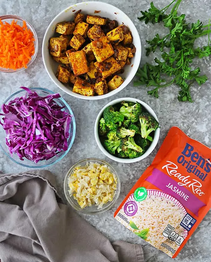 components of tofu fried rice bowls