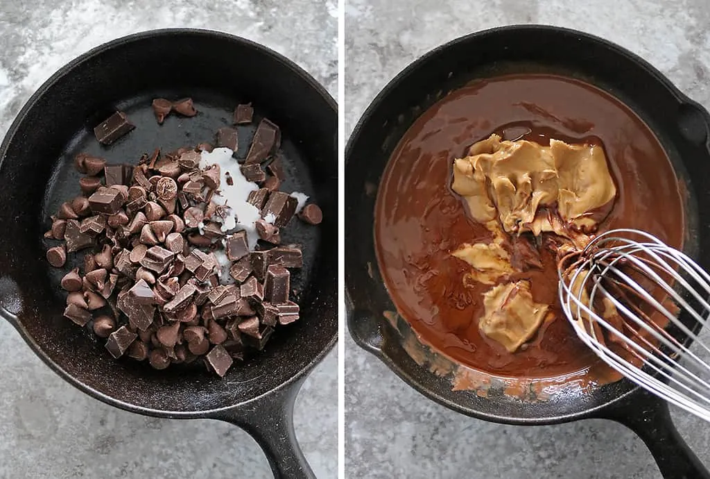 Beginning steps to make choclate peanut butter skillet cake