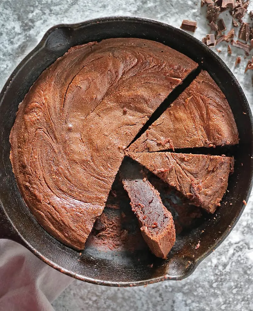 Delicious easy grain-free chocolate peanut butter skillet cake.