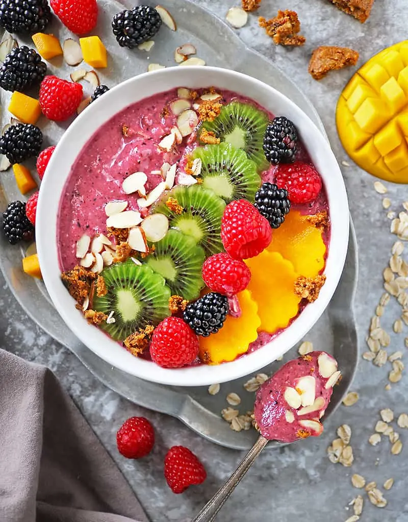 Delicious plant based Berry Oatmeal Smoothie in a Bowl