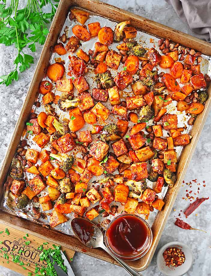 Easy Sheet Pan Spicy Tofu with BBQ sauce