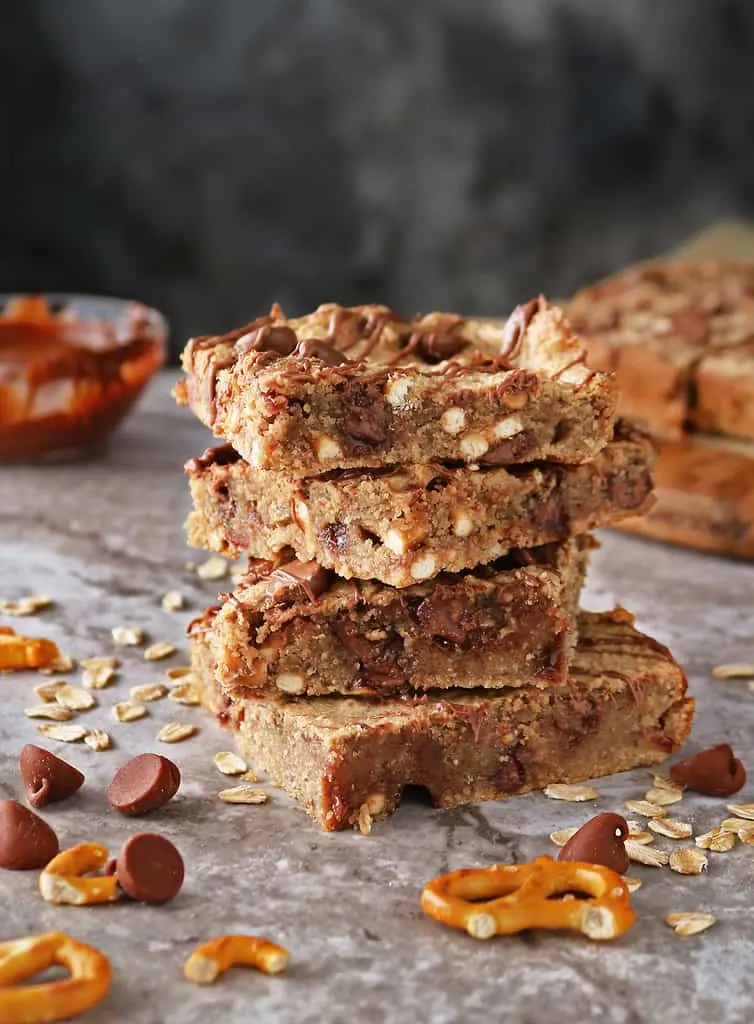 A stack of 4 Easy gluten free chocolate pretzel bars