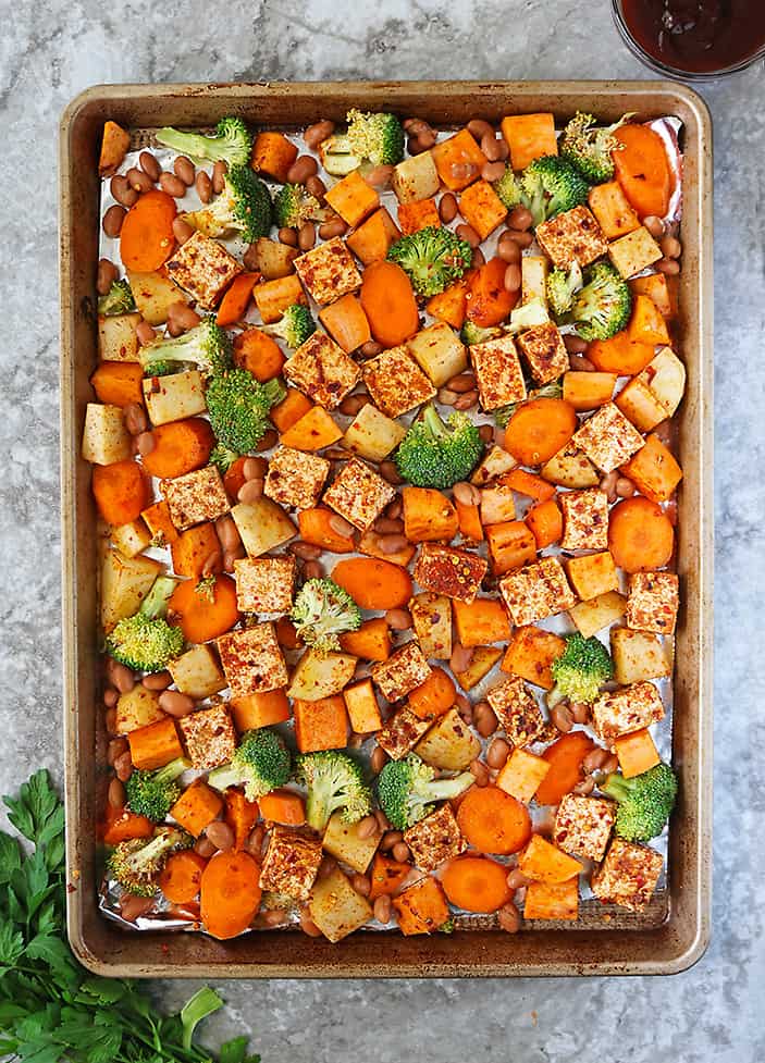 Spicy tofu and veggies ready to be baked