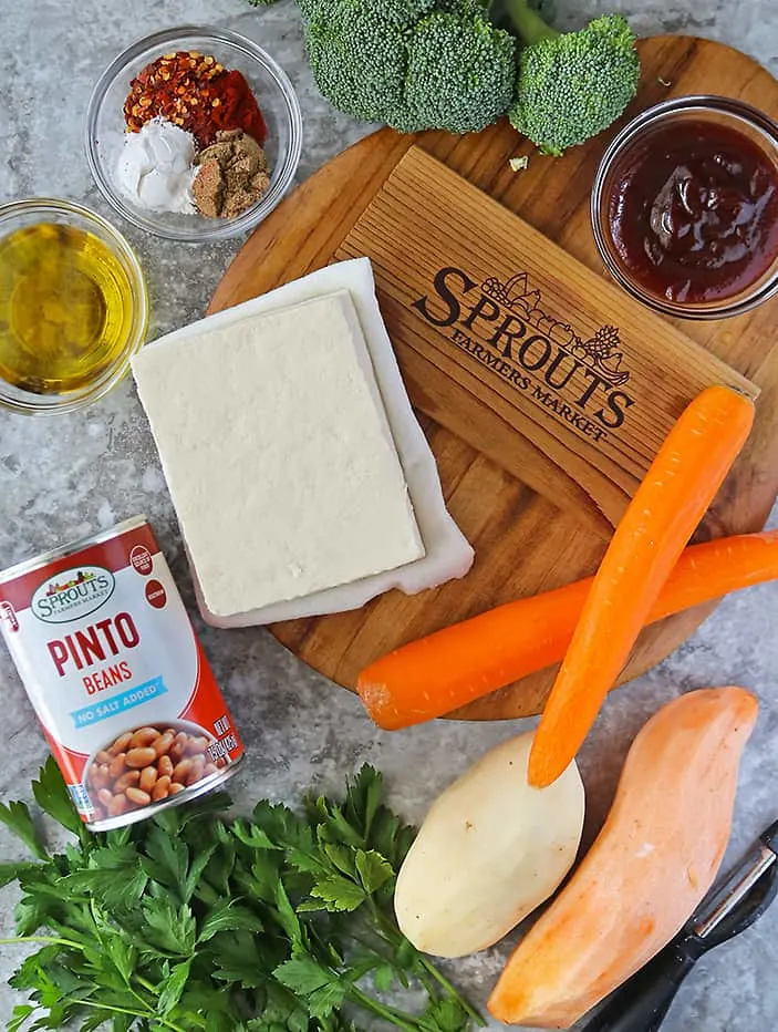 Ingredients needed to make sheet pan spicy tofu and veggies
