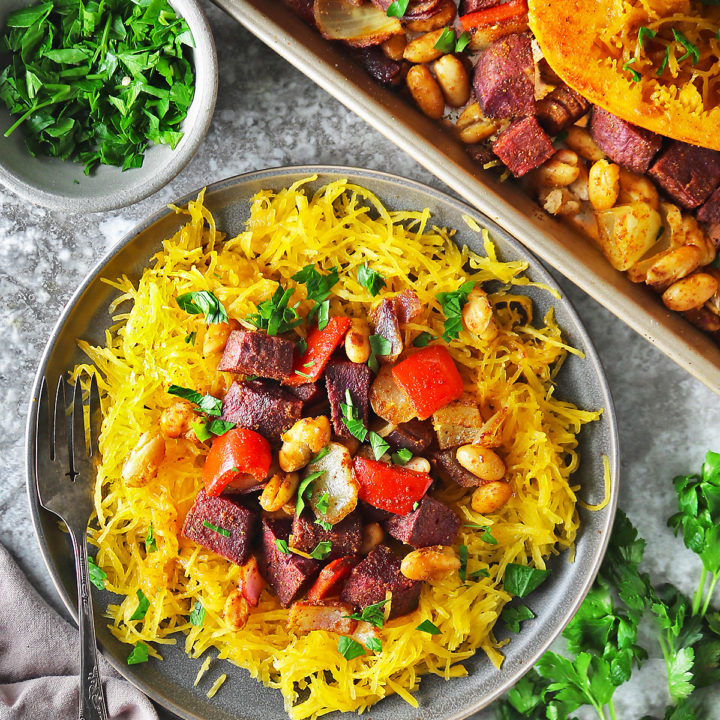Easy Vegetarian sheet pan dinner recipe with orangetti squash