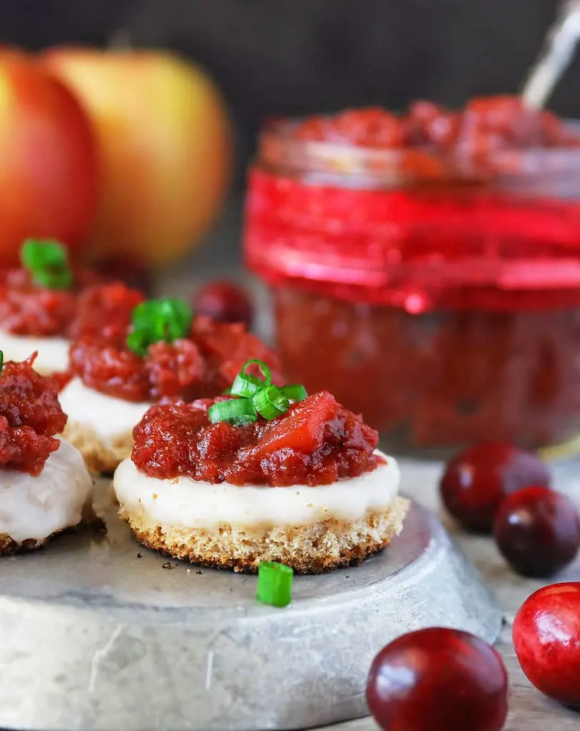 Appetizers with vegan cheese and apple cranberry chutney