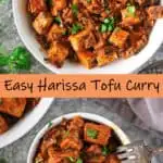 Rich and creamy, this Easy Harissa Tofu Curry is made with only 8 main ingredients. This dairy-free curry is delicious served with some fragrant yellow rice or Sri Lankan roti.