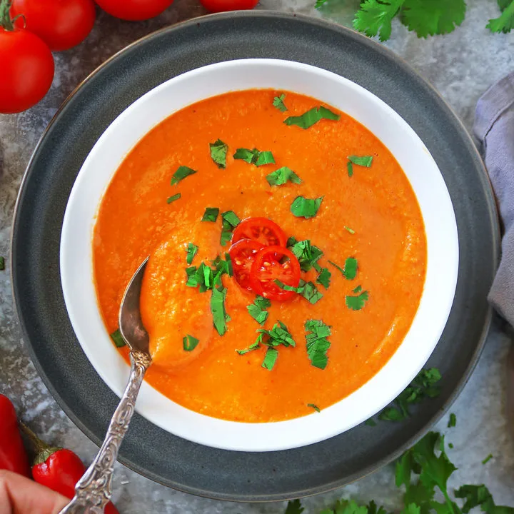 Getting ready to take a spoonful of this Easy vegan Roasted tomato soup.