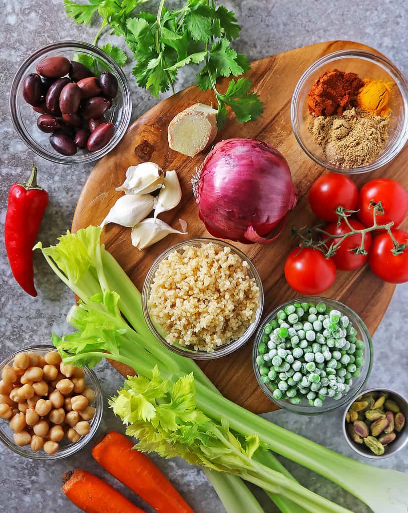 Ingredients to make vegetarian quinoa salad