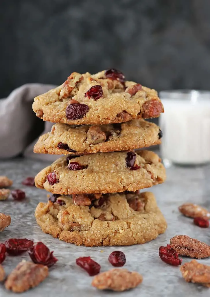 Stack of small batch praline pecan cranberry cookies