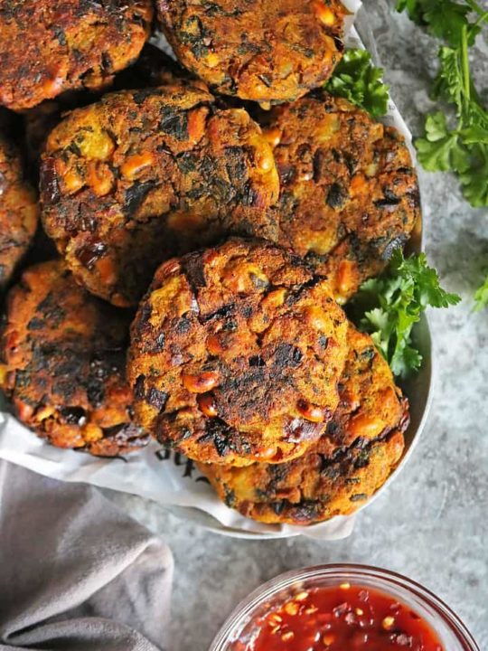 Easy black-eyed peas fritters with greens for good luck in the new year