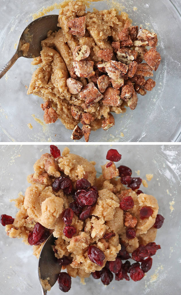 2 photos showing pecans and cranberries being added into eggless pecan cranberry cookies.