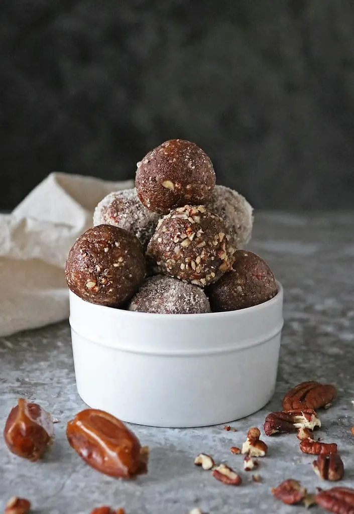 Bowl of plant-based pecan date energy balls