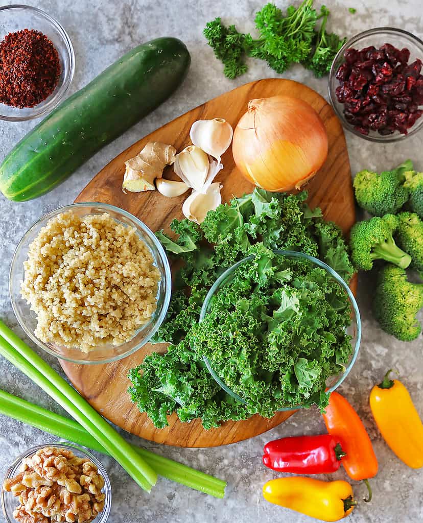 Ingredients to make kale quinoa salad