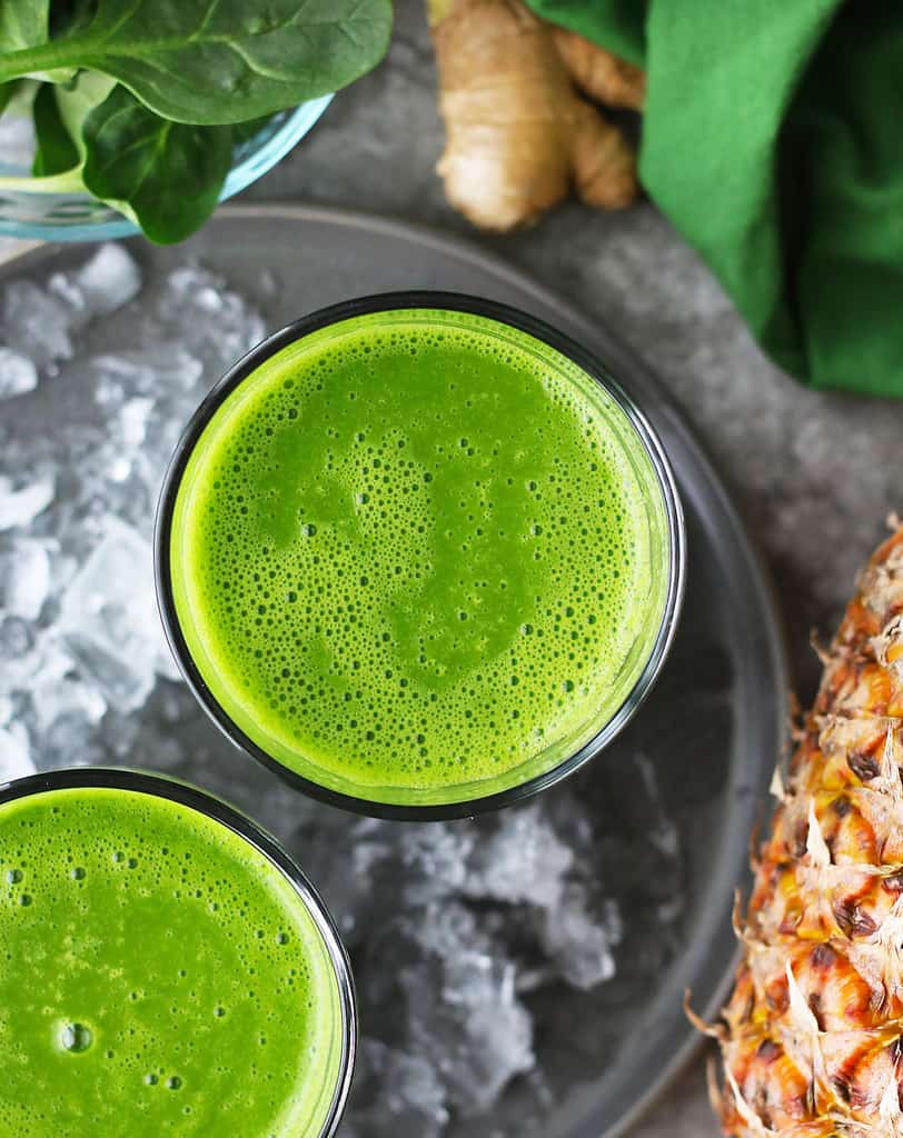 Overhead photo of delicious Easy green smoothie with spinach and pineapple and ginger