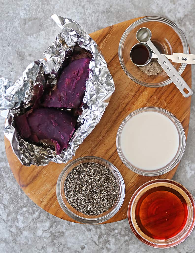 7 ingredients needed to make this easy no-bake purple sweet potato chia puddings