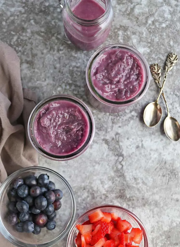 Easy no-bake purple sweet potato chia pudding ready to be topped.