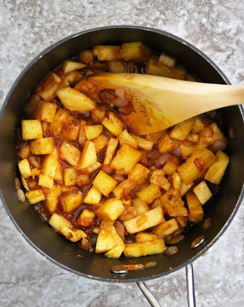 Simmering ingredients together to make an easy chutney