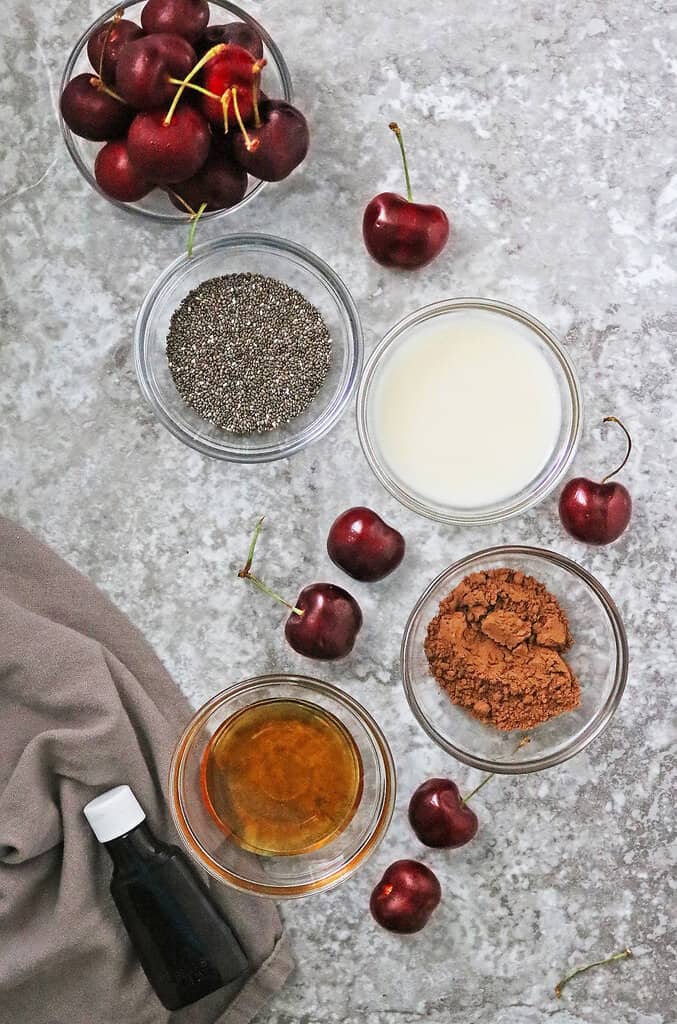 Ingredients to make chocolate cherry chia pudding