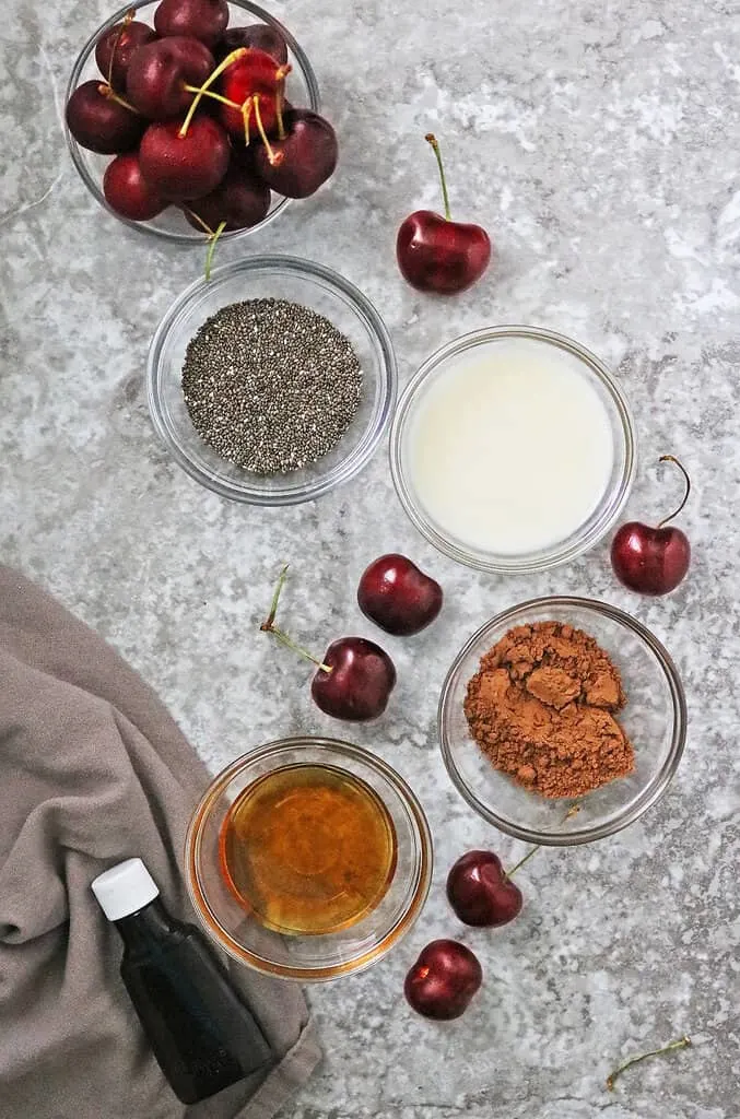 Ingredients to make chocolate cherry chia pudding