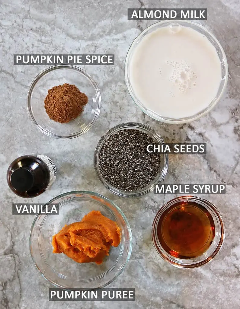 6 ingredients to make the best pumpkin spice chia pudding recipe on a marble grey background