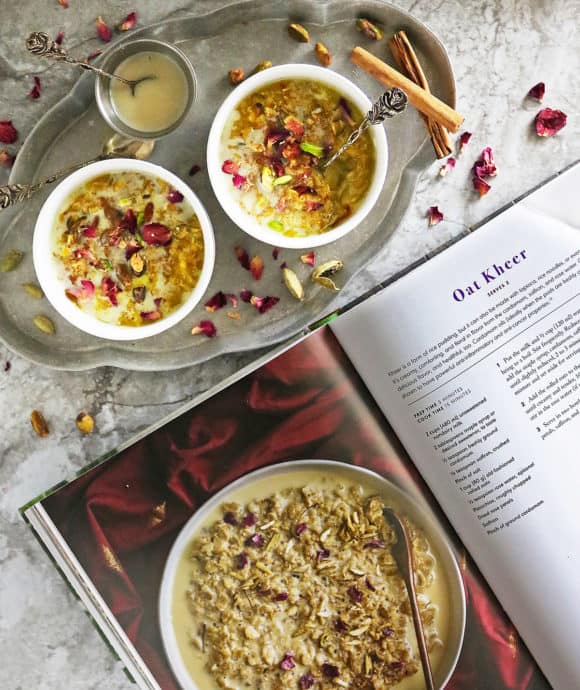 Plant based India cookbook next to my version of the oat kheer recipe 