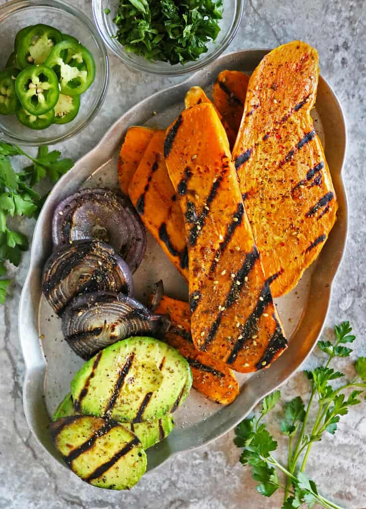 Delicious sweet potato summer salad with grilled veggies
