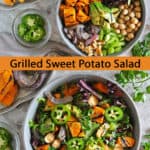 This Grilled Sweet Potato Salad is an easy, delicious, and healthy salad made by grilling sweet potatoes, avocado, and onions and tossing them with some celery, chickpeas, walnuts, and your favorite greens.