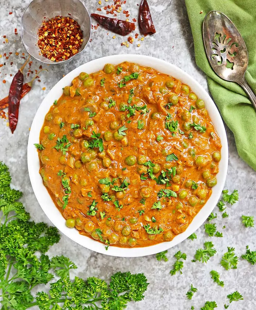 Easy Dairy free Green Pea Curry in a large bowl.