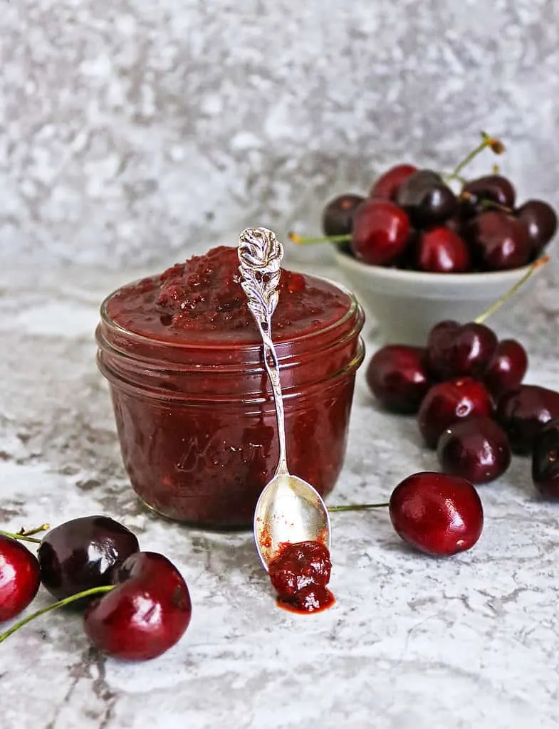 Easy delicious cherry chutney made with 11 ingredients and ready in 15 minutes.