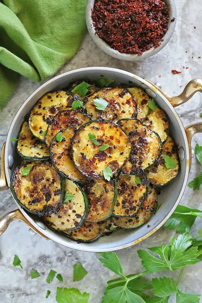 Two ingredient pan fried cucumber in a beautiful pan