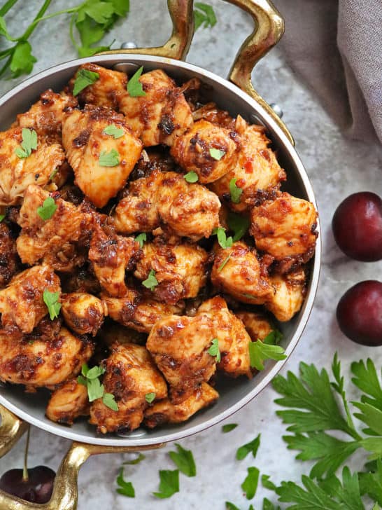 Easy and tasty 3-ingredient Cherry Chicken made with chicken tenderloins, cherry chutney, and harissa.