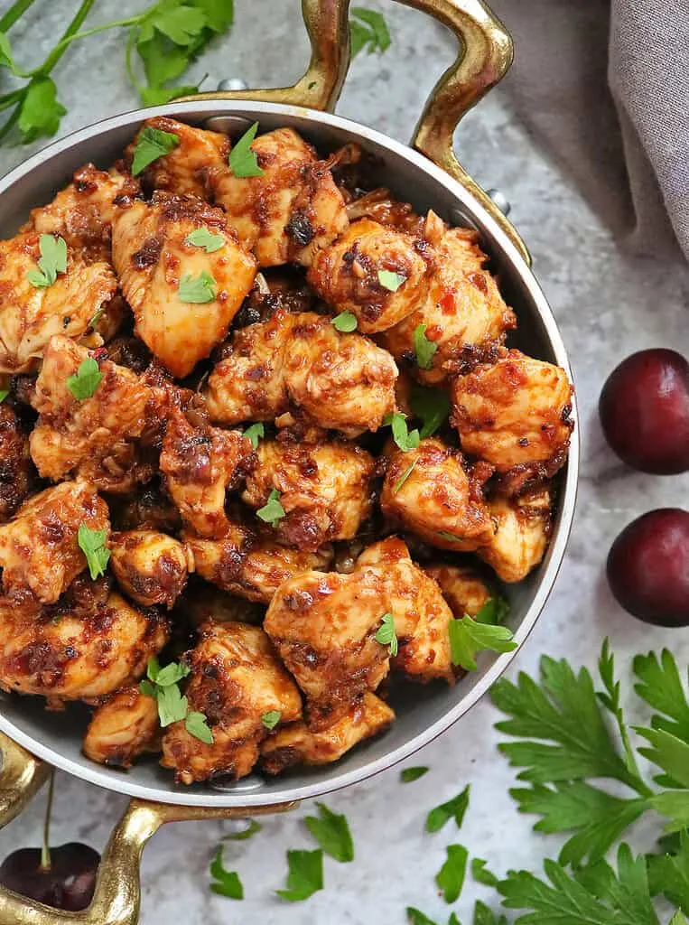 Easy and tasty 3-ingredient Cherry Chicken made with chicken tenderloins, cherry chutney, and harissa.