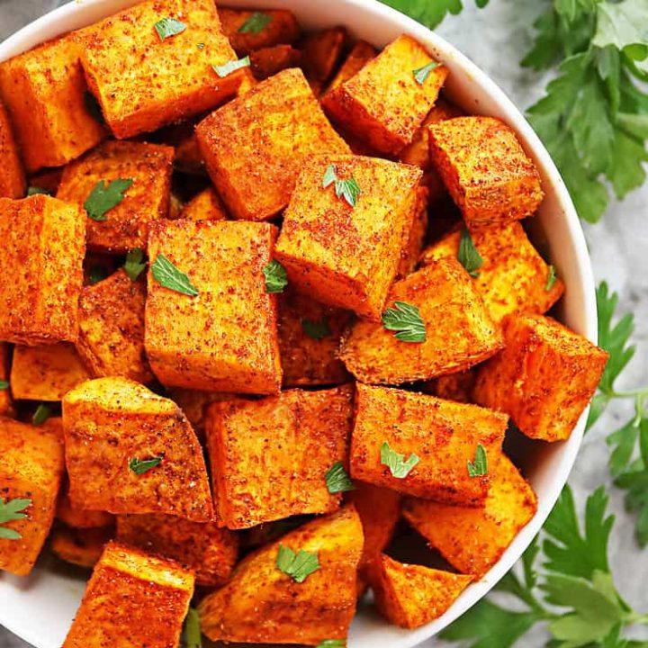 My favorite 5-ingredient oven roasted sweet potatoes in a bowl