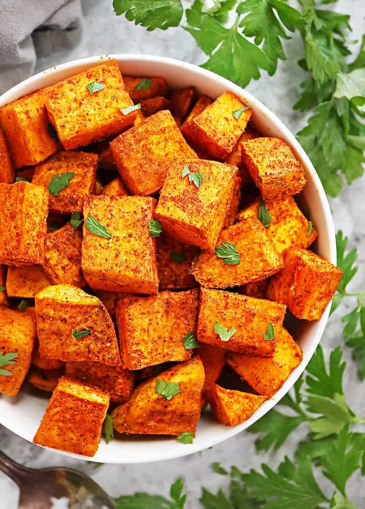 My favorite 5-ingredient oven roasted sweet potatoes in a bowl