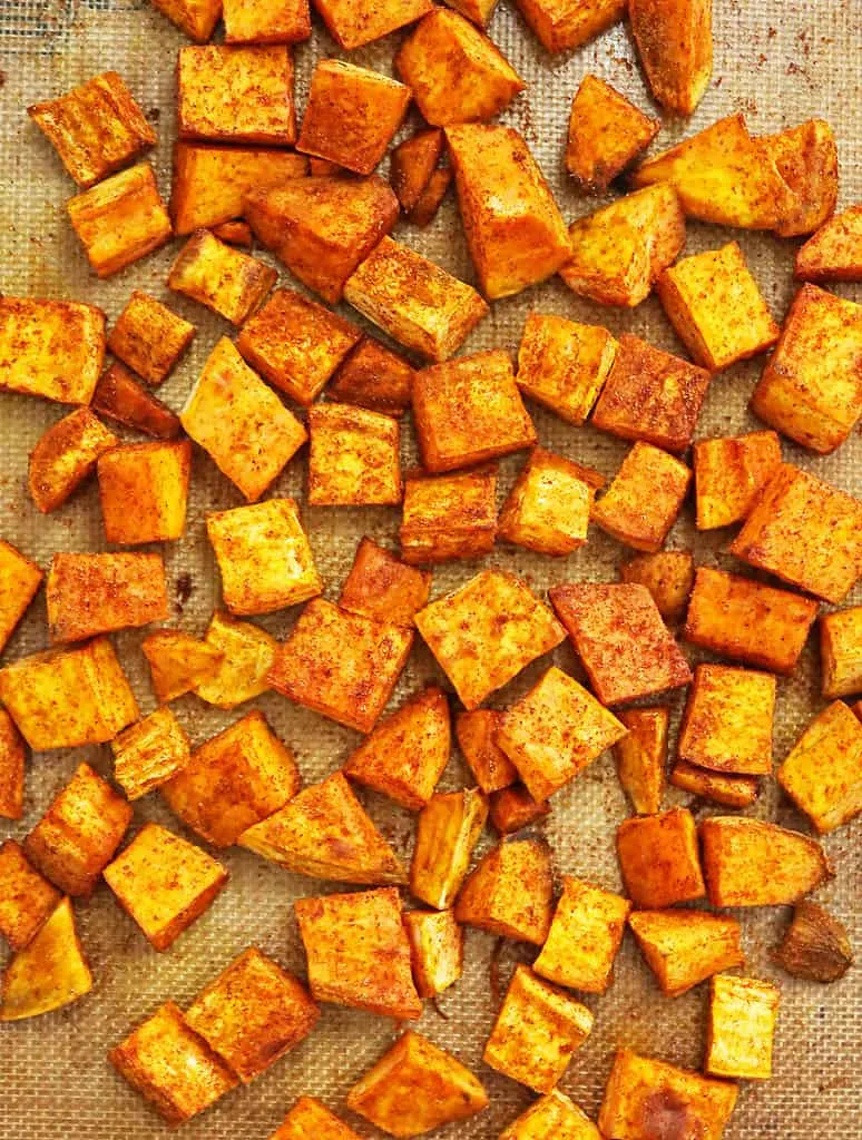 Perfectly Roasted sweet potatoes just out of the oven