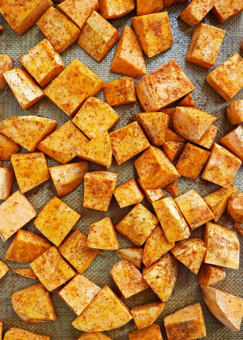 Cubed Roasted Sweet Potatoes - Savory Spin